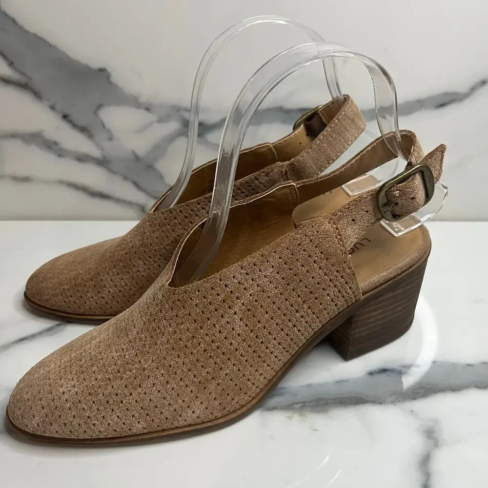 Lucky Brand Women's Brown Perforated Leather Slingback Mule Lideton Bootie Sz 7